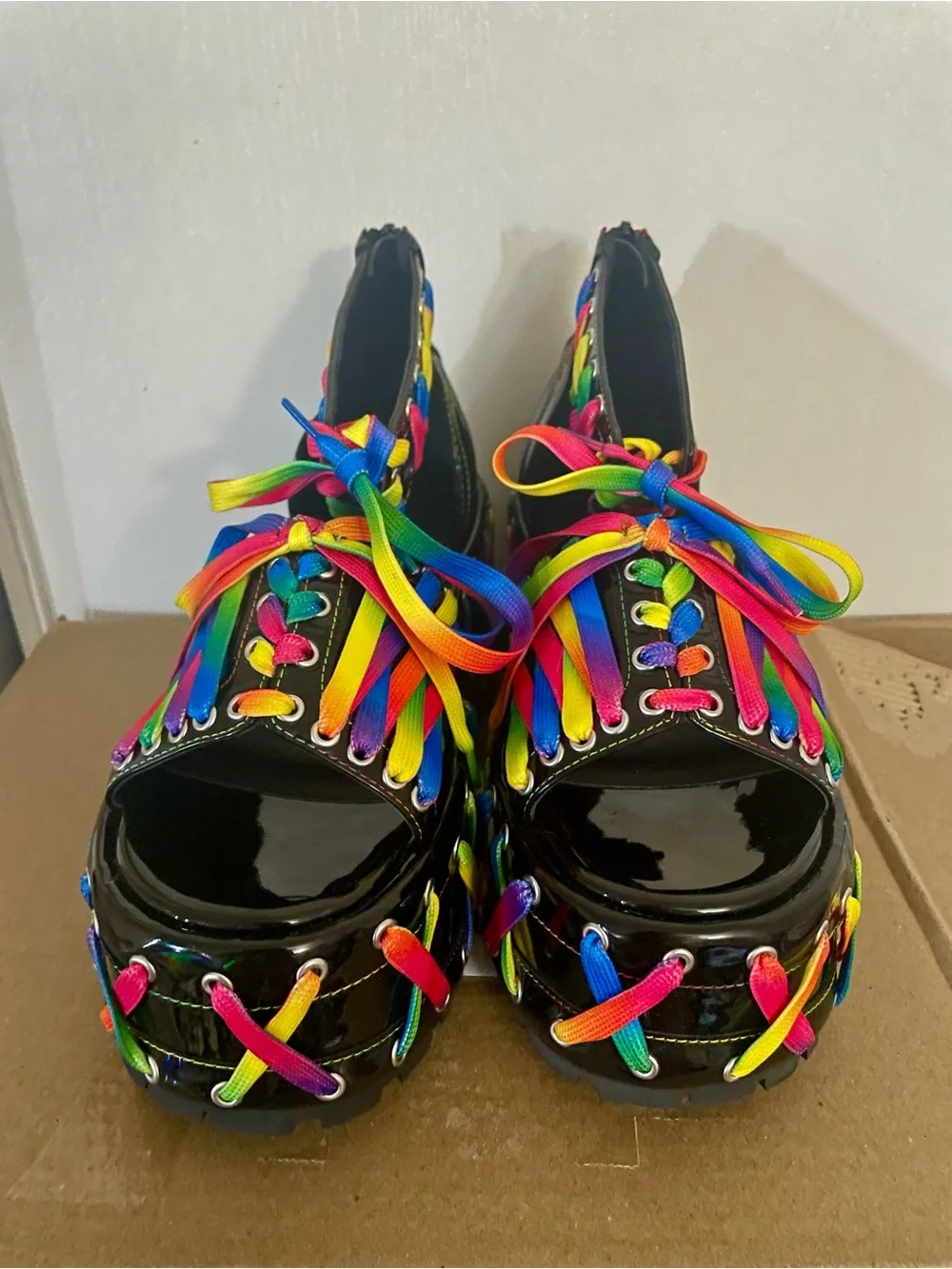 Patent Black Platform Lace-Up Shoes with Rainbow Laces